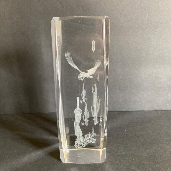 3D Laser Etched Crystal Block Paperweight Kokopelli With Flute Under Eagle Moon - Picture 3 of 8